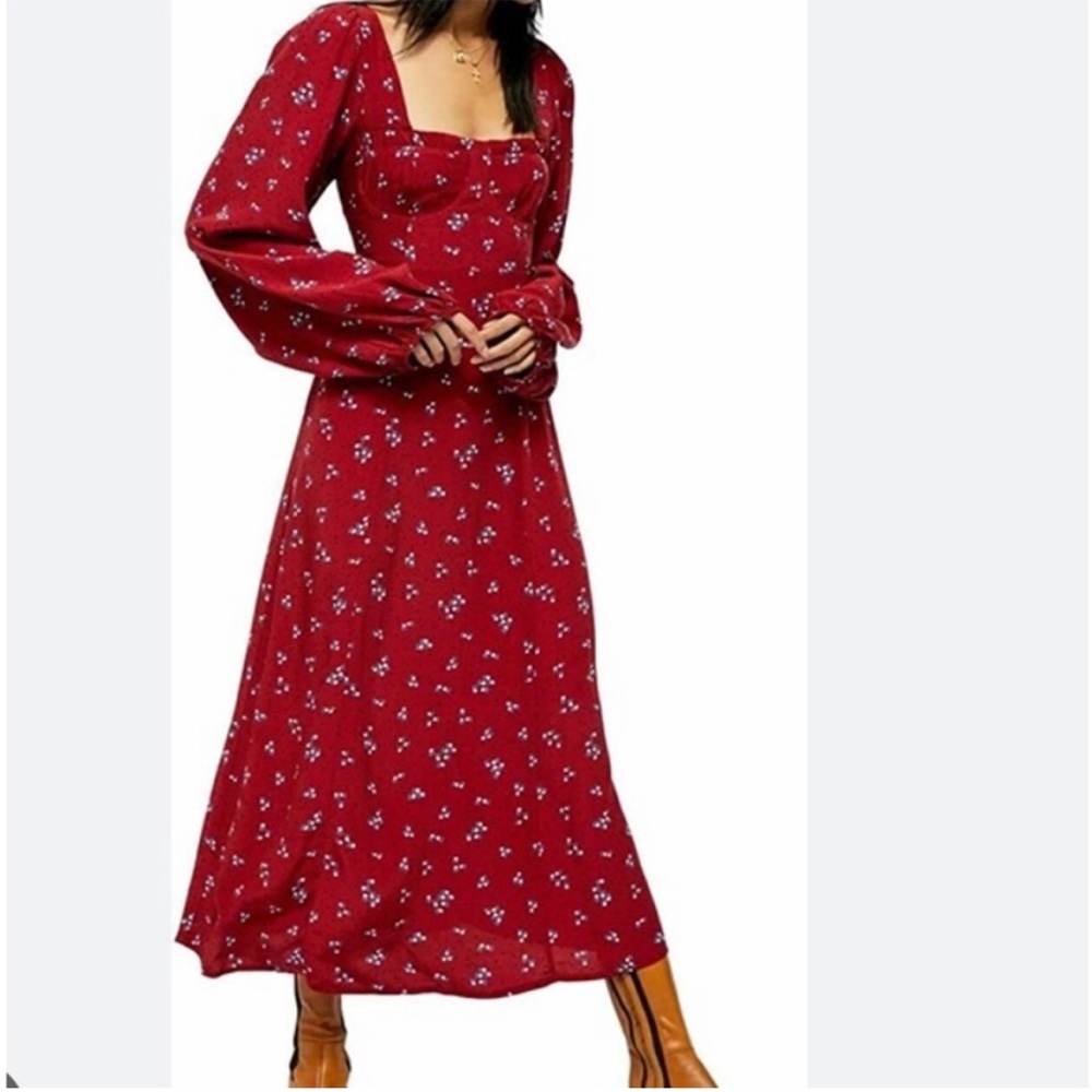 Free People Rust Red & Blue Iris Floral Puff Long Sleeve Midi/ Maxi Dress Medium
